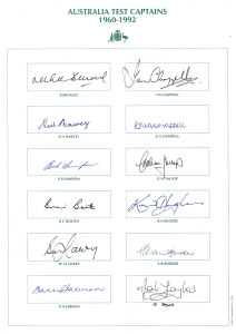 AUSTRALIAN TEST CAPTAINS headed sheet of card with the printed names and original signatures of 12 Australian Cricket Team captains from 1958 to 1994 including Richie Benaud, Ian & Greg Chappell, Neil Harvey, Bob Simpson, Allan Border and Mark Taylor.