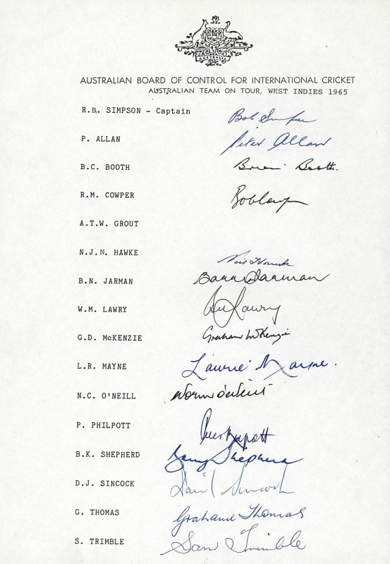 AUSTRALIA in the WEST INDIES 1965-99: A group of five signed Australian team sheets comprising the 1965 Tour (Bob Simpson, Capt.), the 1978 Tour (Bob Simpson, Capt.), the 1984 Tour (Kim Hughes, Capt.), the 1991 Tour (Allan Border, Capt.), and the 1999 Tou