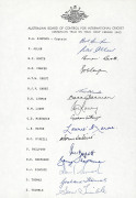 AUSTRALIA in the WEST INDIES 1965-99: A group of five signed Australian team sheets comprising the 1965 Tour (Bob Simpson, Capt.), the 1978 Tour (Bob Simpson, Capt.), the 1984 Tour (Kim Hughes, Capt.), the 1991 Tour (Allan Border, Capt.), and the 1999 Tou