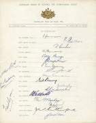 AUSTRALIAN BOARD OF CONTROL FOR INTERNATIONAL CRICKET official teamsheet to accompany the previous lot. Signed by all 17 players including Ian Johnson (Capt.), Keith Miller (Vice Capt.), Archer, Benaud, Craig, Davidson and Harvey. Unusually, also signed b