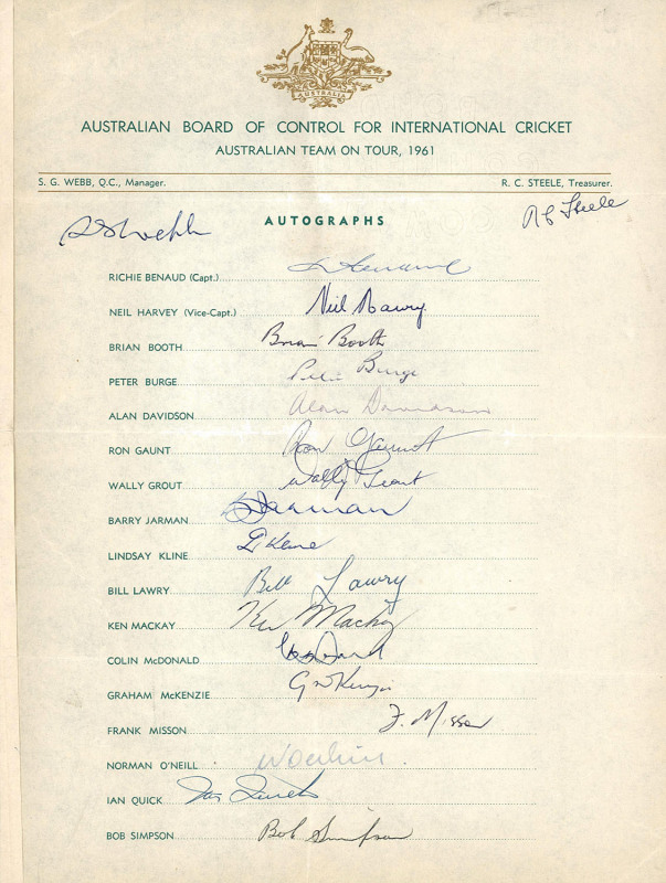 AUSTRALIA in ENGLAND 1961: An official Australian team sheet signed by the whole touring party which included Benaud (Capt.), Harvey (Vice Capt.), Grout, Lawry, McDonald and Simpson. Also, a similar team sheet but, most unusually, with reproduction signat