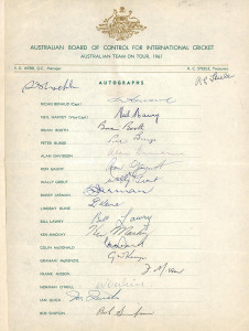 AUSTRALIA in ENGLAND 1961: An official Australian team sheet signed by the whole touring party which included Benaud (Capt.), Harvey (Vice Capt.), Grout, Lawry, McDonald and Simpson. Also, a similar team sheet but, most unusually, with reproduction signat