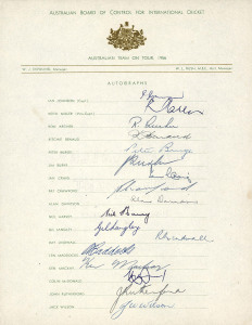 AUSTRALIA in ENGLAND - ASHES TOURS 1956-97: A group of eight fully signed Australian team sheets comprising 1956 (Ian Johnson, Capt.), 1968 (Bill Lawry, Capt.), 1972 (Ian Chappell, Capt.), 1980 (Greg Chappell, Capt.), 1981 (Kim Hughes, Capt.), 1985 (Allan