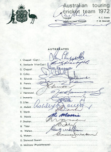 1972-79 collection of Australian Official Team sheets; all fully signed, comprising 1972 (Ian Chappell, Capt.), 1973 (Ian Chappell, Capt.), 1975 World Cup Tour to Canada & United Kingdom (Ian Chappell, Capt.), 1977 (Greg Chappell, Capt.), 1978 to the West