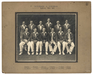 NEW SOUTH WALES: An official team photograph of the NSW team that played VICTORIA in Sydney, January 1937. Annotated on the mount below with the names of the team members, including Sid Barnes, Alan McGilvray (Capt.) and Ted White. Overall 30.5 x 37.5cm.V