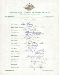 1968 Australian Team, official team sheet with 17 signatures including Bill Lawry (Capt.), Barry Jarman, Ian Chappell, Doug Walters, Alan Connolly, Bob Cowper and Neil Hawke. 
