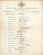 AUSTRALIAN BOARD OF CONTROL FOR INTERNATIONAL CRICKET 1953-69/70 official teamsheets collection comprising 1953 Australian XI Coronation Tour (signed by all 17), 1956 Australian Team on Tour (signed by all 17), 1961 Australian Team on Tour (signed by all - 2