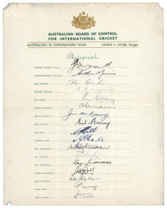 AUSTRALIAN BOARD OF CONTROL FOR INTERNATIONAL CRICKET 1953-69/70 official teamsheets collection comprising 1953 Australian XI Coronation Tour (signed by all 17), 1956 Australian Team on Tour (signed by all 17), 1961 Australian Team on Tour (signed by all 