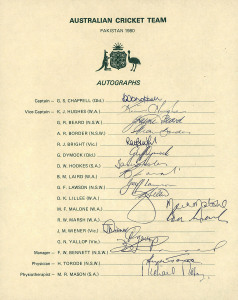 AUSTRALIA in PAKISTAN 1980-98: A group of three fully signed Australian team sheets comprising the 1980 Tour (Greg Chappell, Capt.), the 1988 Tour (Allan Border, Capt.) and the 1998 Tour (Mark Taylor, Capt.), with 54 original autographs.