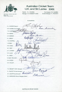 AUSTRALIA in SRI LANKA 1981-94: A group of fully signed Australian team sheets comprising the U.K. and Sri Lanka Tour 1981 (Kim Hughes, Capt.), the 1983 Tour (Greg Chappell, Capt.), the 1992 Tour (Allan Border, Capt.), and the 1994 Tour of Sri Lanka & Pak