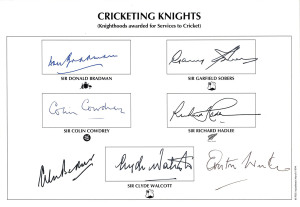 A card headed "CRICKETING KNIGHTS" bearing the original signatures of Don Bradman, Garfield Sobers, Colin Cowdrey, Richard Hadless, Alec Bedser, Clyde Walcott and Everton Weekes.