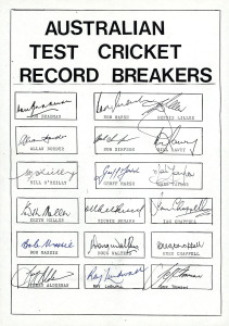 A sheet headed "AUSTRALIAN TEST CRICKET RECORD BREAKERS" bearing the original signatures of 18 Australian cricketing greats, including Don Bradman, Dennis Lillee, Bill O'Reilly, Bill Lawry, Keith Miller, Richie Benaud, Ray Lindwall and Jeff Thomson.