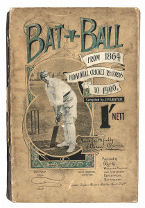 "BAT-v-BALL  INDIVIDUAL CRICKET RECORDS FROM 1864 to 1900" compiled by J.H. Lester [Nottingham, 1900]; 366pp + intro + adverts; original stiff paper wrappers with faults. Scarce.