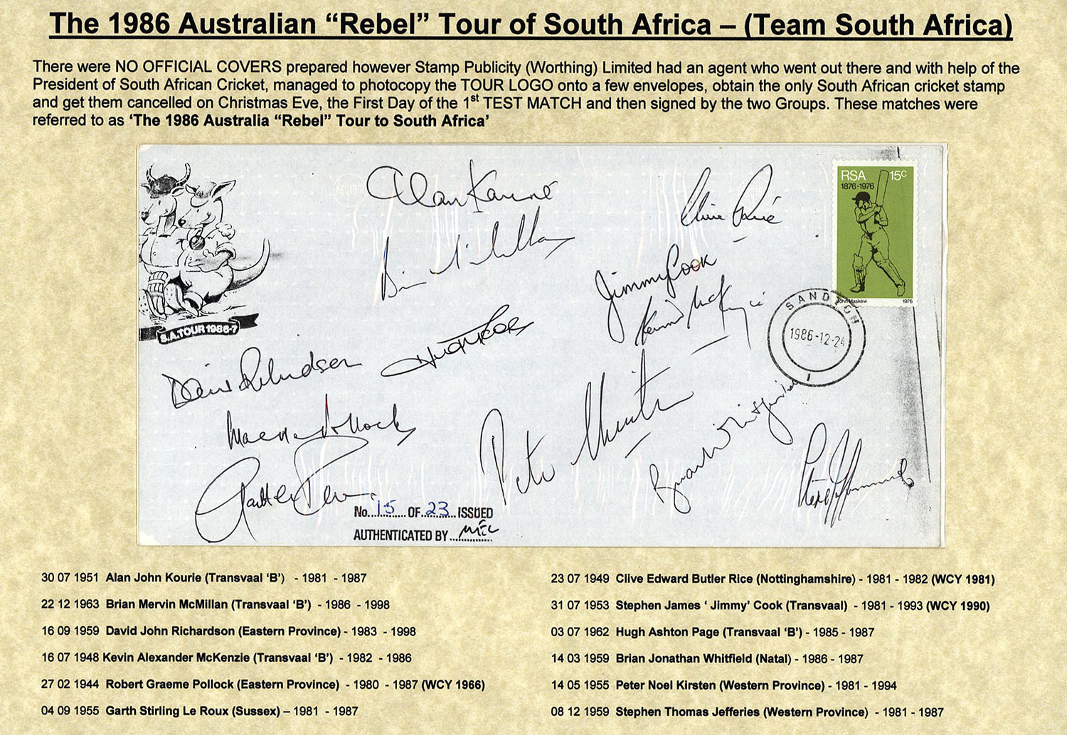The 1986 Rebel Tour of South Africa: A limited edition envelope [#15/23 ...