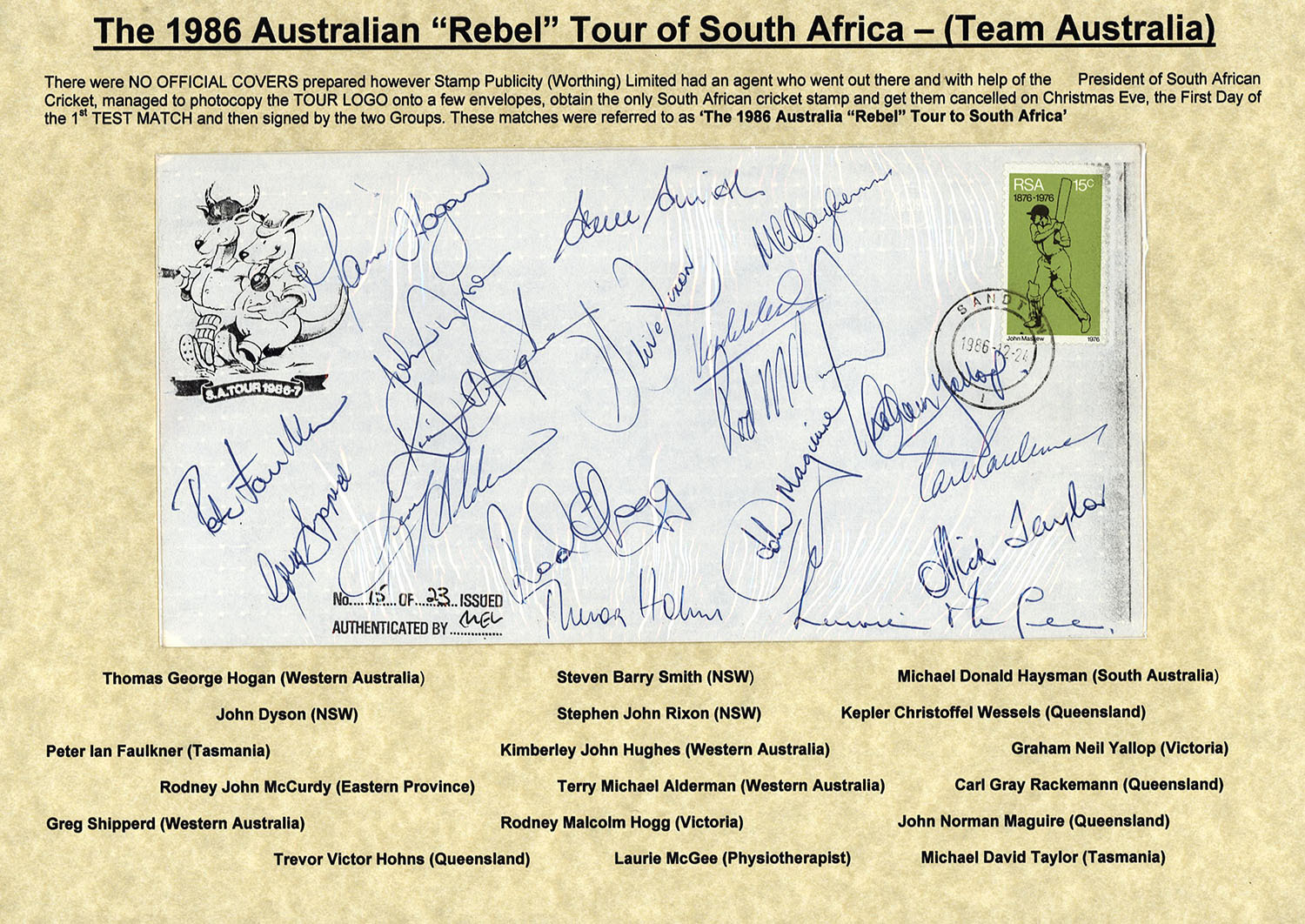 The 1986 Rebel Tour of South Africa: A limited edition envelope [#15/23 ...