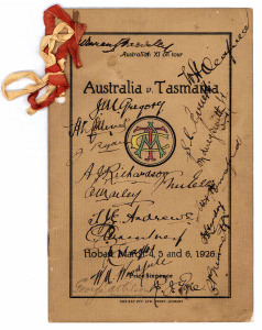 AUSTRALIAN XI ON TOUR - MARCH 1926 Signed Australia v. Tasmania programme for the pre-Ashes match in Hobart, March 4, 5 and 6, 1926.