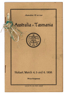 AUSTRALIAN XI ON TOUR - MARCH 1926 Australia v. Tasmania programme for the pre-Ashes match in Hobart, March 4, 5 and 6, 1926. The programme provides lists of the Australian and Tasmanian teams, the schedule for the four days in Hobart, statistics from the