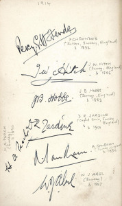 AN ENGLISH AUTOGRAPH BOOK c1914-30 autograph book containing the pen signatures English County and Test Match cricketers who appeared in Tests between 1908 and 1930. The collection was assembled by C.M.Pardy, who went on to become an Alderman of the City 