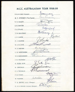 M.C.C. IN AUSTRALIA: 1950/51 Touring party autographs (18, excl. Bailey and Washbrook) on the reverse of a RP postcard of the "Stratheden" which had brought the team to Australia; the Official Team Sheet for the 1958-59 Australasian Tour (May, Capt.) with - 3