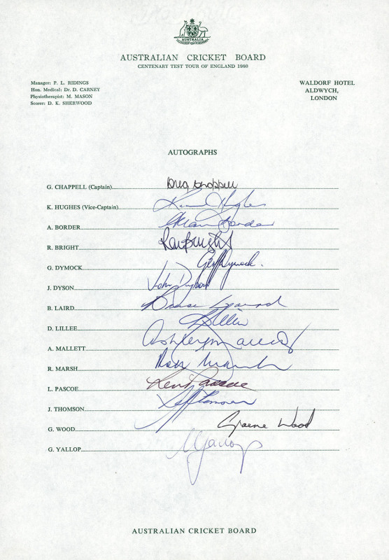 THE CENTENARY TEST TOUR OF ENGLAND: Official Australian Cricket Board Team Sheet, fully signed by the team which included Greg Chappell (Capt.), Kim Hughes (Vice Capt.), Allan Border, Dennis Lillee, Len Pascoe and Jeff Thomson; together with a team photog