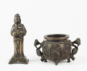 A Chinese bronze censer, 10cm high and a bronze figure of a standing lady 18cm high