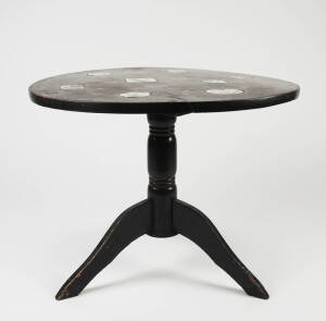 A Nagasaki circular lacquer and porcelain inset table, Japanese 19th century, 76cm diameter, 61cm high, Provenance: Mrs Pollard at Middenhall Antiques in Bay Street North Brighton circa 1964&nbsp;