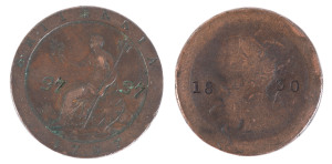 Coins & Banknotes: Two 1797 Proclamation pennies with convict related markings "18 30" and "27 27" (2). 