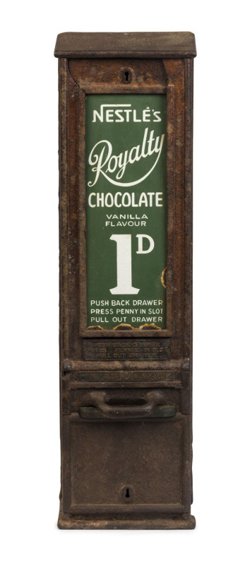 NESTLE Royalty Chocolate bar one penny vending machine, cast iron and enamel on tin, early 20th century