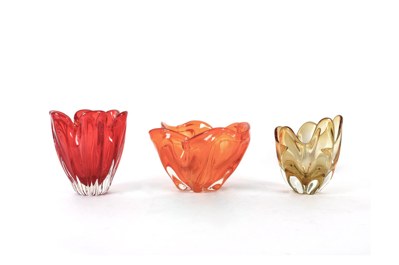 Three Murano coloured glass vases, Italian, mid 20th century