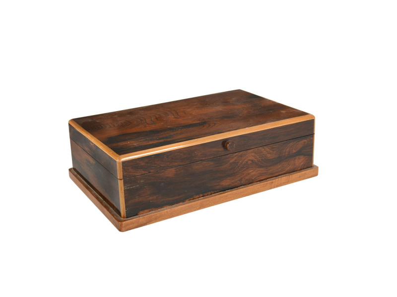 A jewel box, rosewood, beech and pine with velvet lining, circa 1920