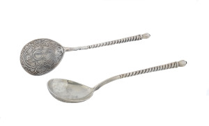 A pair Russian silver spoons, Moscow assay mark, stamped "A.C", (date obscured) 19th century
