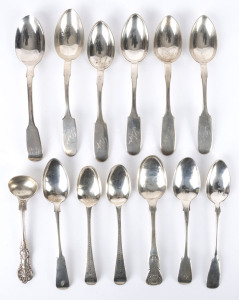Group of 13 assorted continental and sterling silver spoons,19th century