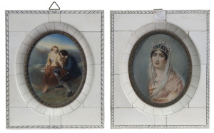 A pair of miniature pictures in piano ivory frames, 19th century