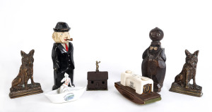 Two carved timber novelty brushes, pair of brass dog bookends, T & J Electrical Supplies blotter, metal money box and Sydney Harbour souvenir, 19th and 20th century