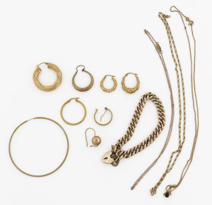 Three fine 9ct gold necklaces, curb link 9ct gold bracelet, and 8 gold earrings, 35.5 grams total