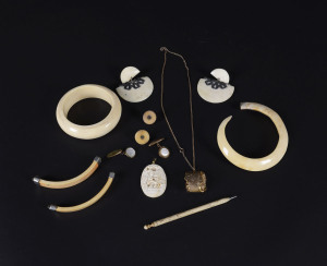 Chinese ivory pendant, bangle, boar tusk, bone earrings, loose stones, ring, necklace, bone and ivory objects and assorted studs and cufflinks