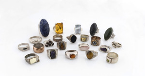 Group of 22 vintage silver rings with stones, many examples from the 1960s and 1970s