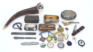 Pen knives, badges, medallions, cigarette holders, ruler, cigar cutter, tie clip, silver napkin ring, cork screw etc, (35 items)