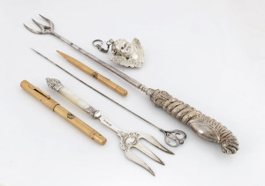 A sterling silver hatpin, 2 x bread forks, cherub ornament and a Swan brand gold plated fountain pen and pencil, 19th and 20th century