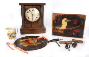 American mantle clock, 3 cork screws, 2 paper knives, Australiana mug, 2 pin cushions, pipe stand, box, Disney statue and assorted sundries, (16 items)