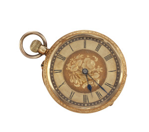 A ladies pocket watch, 18ct gold cased, crown wind, Roman numerals with engraved dial and back, 19th century