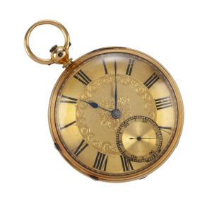 A fine gents pocket watch, 18ct gold case with key wind fusee movement marked "JOHN HOLLINS, 1 Wolverhampton St. Dudley" Roman numerals with subsidiary seconds dial and engraved decoration, 19th century