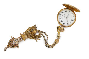 A ladies full hunter pocket watch, Swiss movement with 18ct gold case together with a fine tri-coloured 15ct gold Albertina fob chain, 19th century.