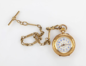 A ladies pocket watch,14ct gold case with gold fob chain, 19th century