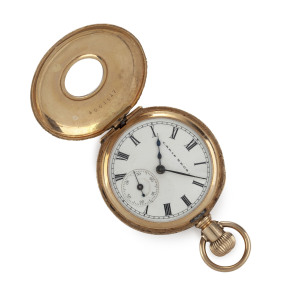 A ladies half hunter pocket watch, 14ct gold case with blue enamel external numerals and crown wind, 19th century