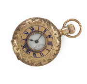 A ladies half hunter pocket watch, 14ct gold case with blue enamel external numerals and crown wind, 19th century - 2