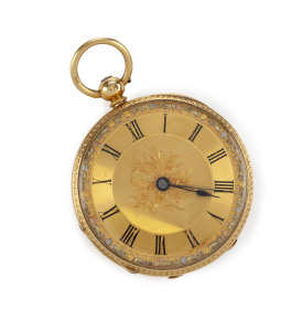 An English 18ct gold cased ladies pocket watch with fusee movement by George Carley No. 30 Ely Street London, 19th century, Roman numerals with finely engraved dial and case