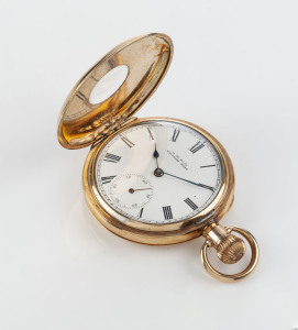 An American gents half hunter pocket watch in rolled gold case, by Waltham, 19th century, Roman numerals with subsidiary seconds dial and crown wind