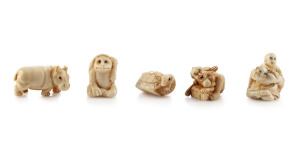 Group of five Japanese netsuke, carved ivory and bone, 20th century