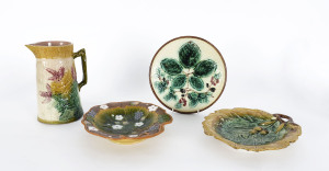 Three English majolica dishes and an ale jug, 19th century